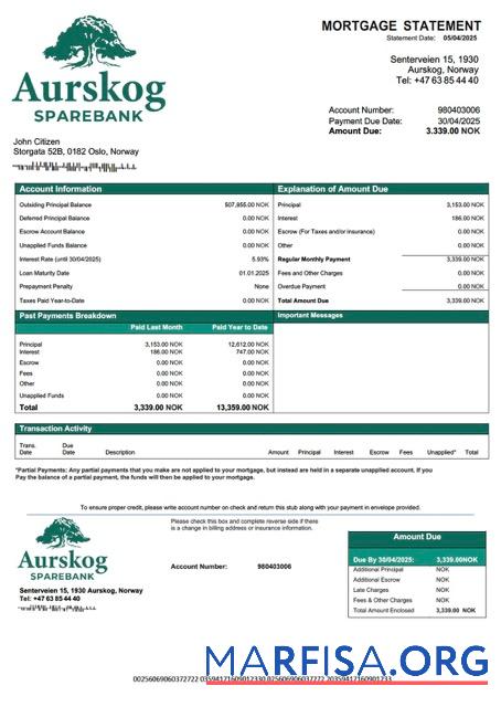Printable Norway Aurskog Sparebank mortgage statement Word and PDF template